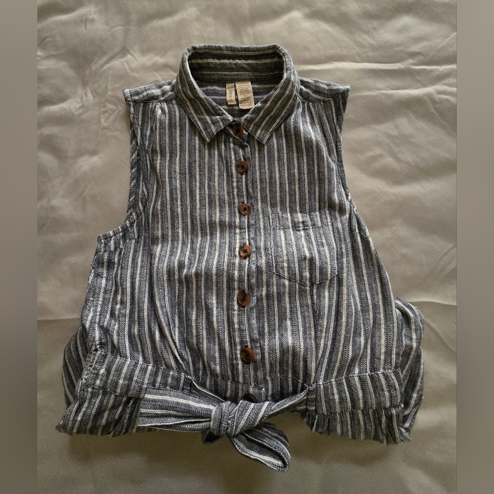 Japna Striped Sleeveless Tie-Front Bodysuit Top in Blue and White